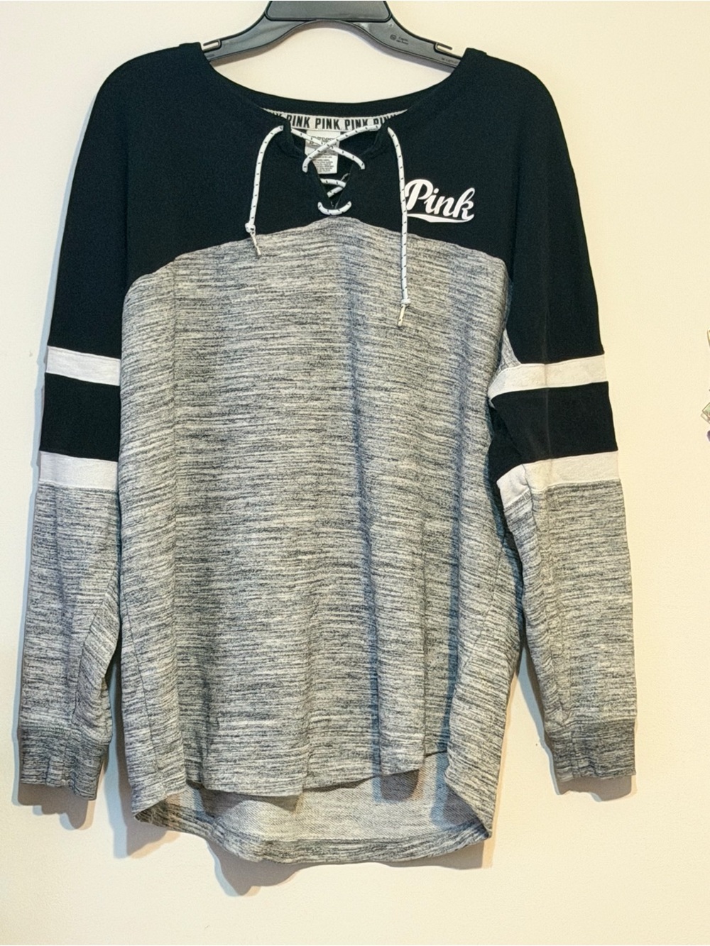 Victoria's Secret Pink Black and Heather Gray Lace-Up Pullover